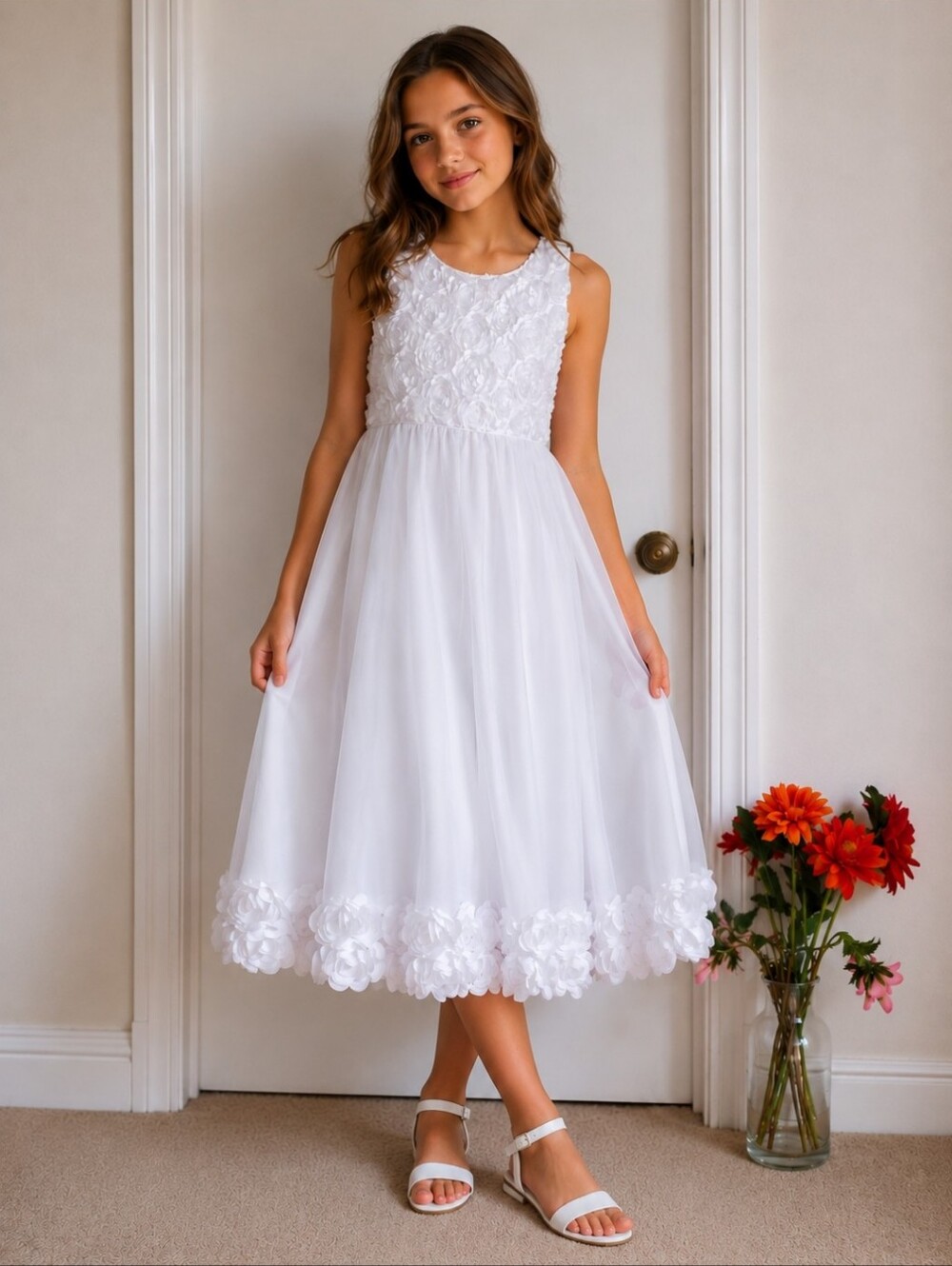 White Rosette Flower Girl Dress Size 10 – Layered Mesh Special Occasion Dress